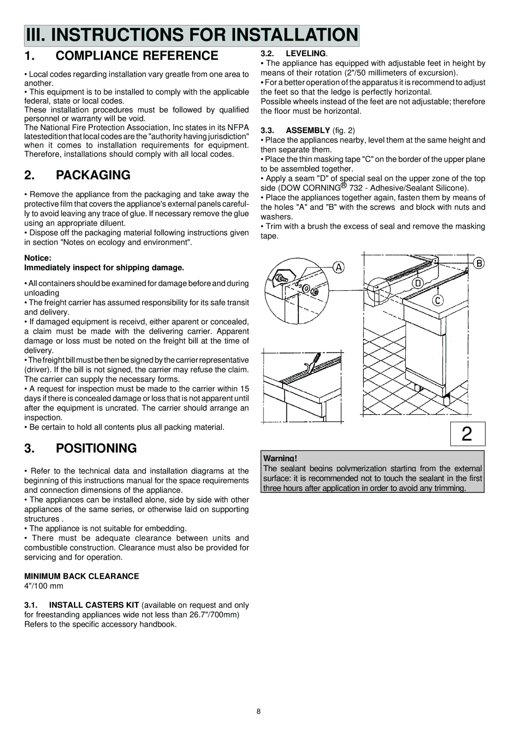 Electrolux PR 700 manual Compliance Reference, Packaging, Positioning, Leveling 