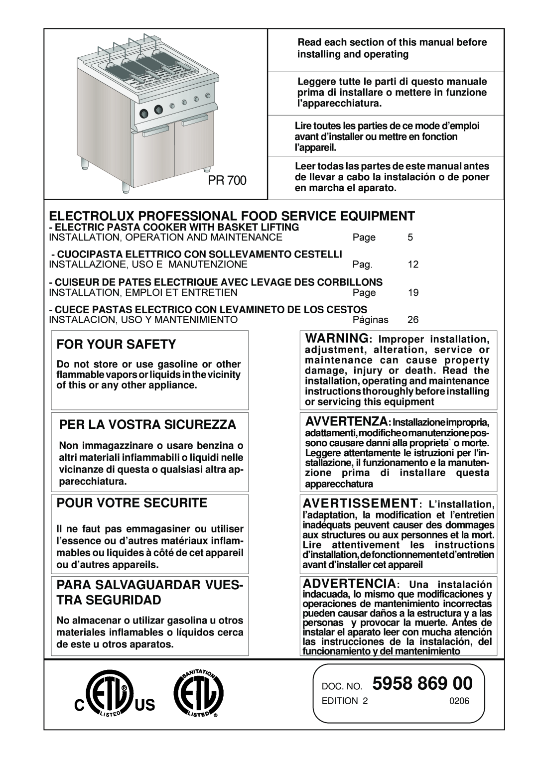 Electrolux PR 700 manual DOC. NO. 5958, Electrolux Professional Food Service Equipment, For Your Safety 
