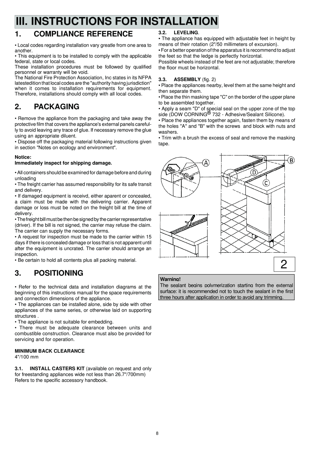 Electrolux PR 700 Iii. Instructions For Installation, Compliance Reference, Packaging, Positioning, Leveling, ASSEMBLY fig 