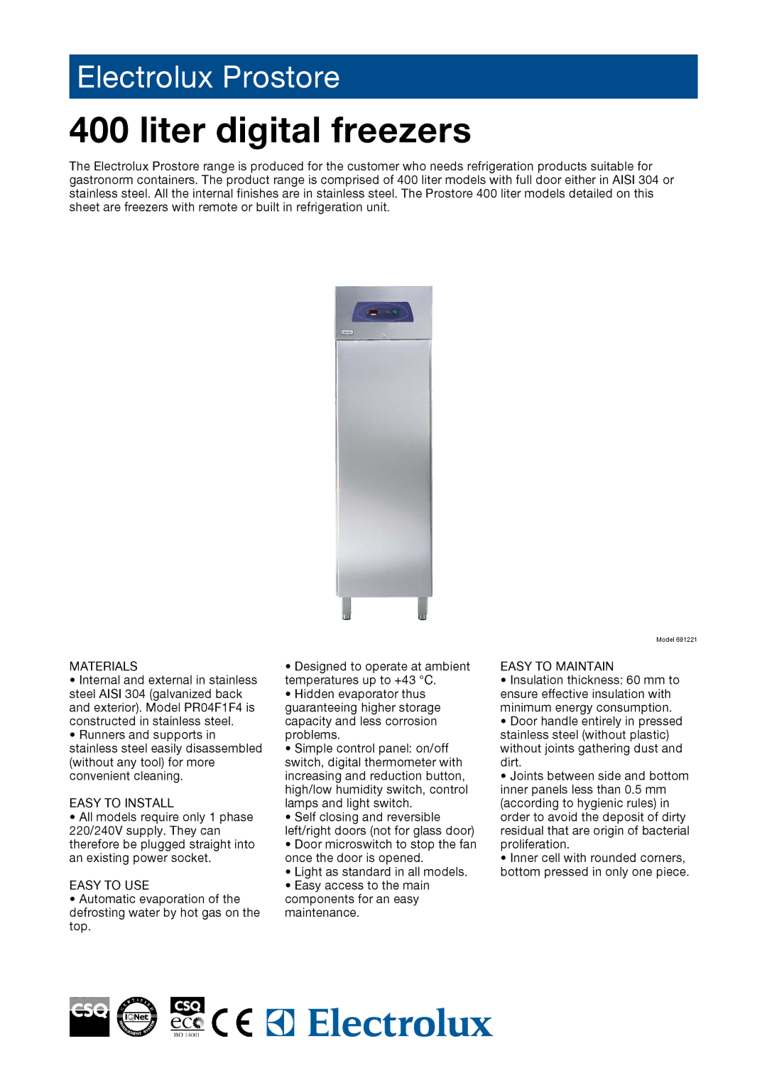 Electrolux PR04F1FR, 691222, 691221 manual Materials, Easy to Install, Easy to USE, Easy to Maintain 