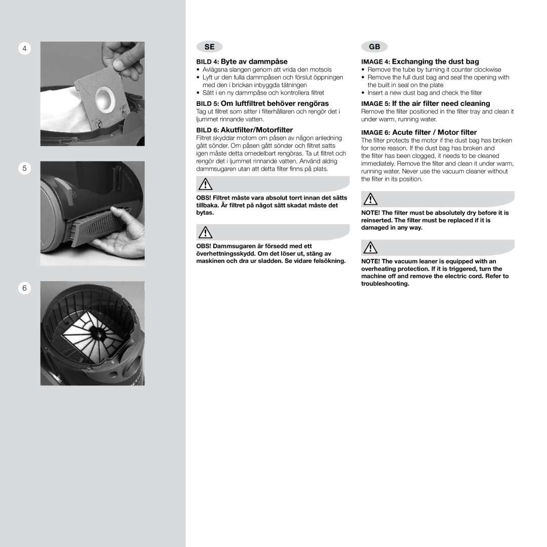 Electrolux Pro Z910 user manual Bild 4 Byte av dammpåse, Bild 6 Akutfilter/Motorfilter, Image 4 Exchanging the dust bag 