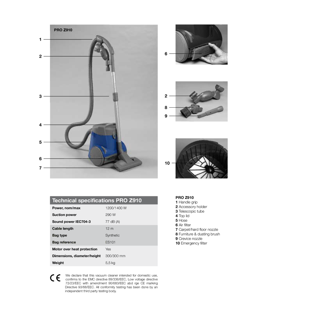 Electrolux Pro Z910 user manual Technical specifications PRO Z910 