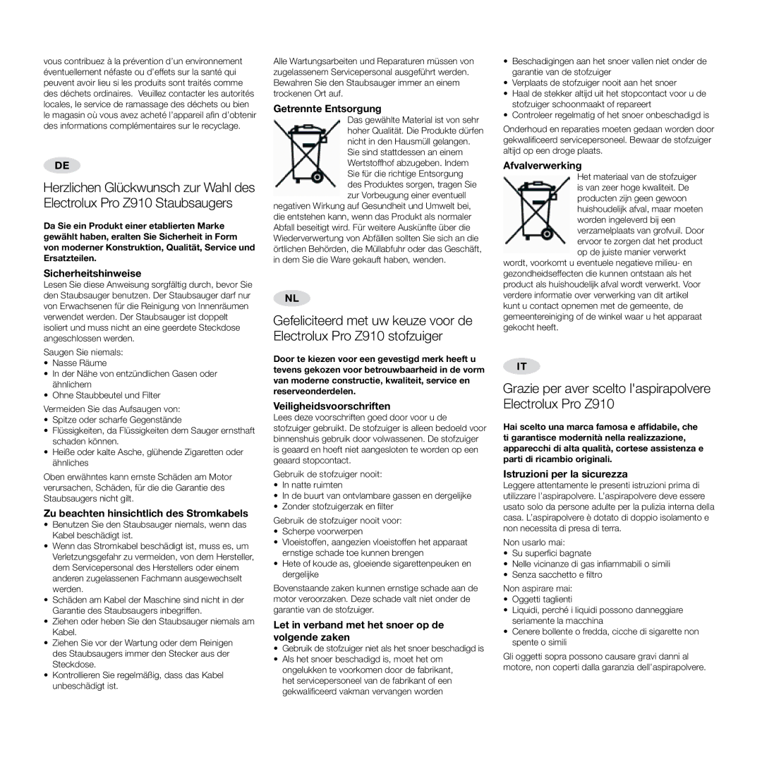 Electrolux user manual Grazie per aver scelto laspirapolvere Electrolux Pro Z910 