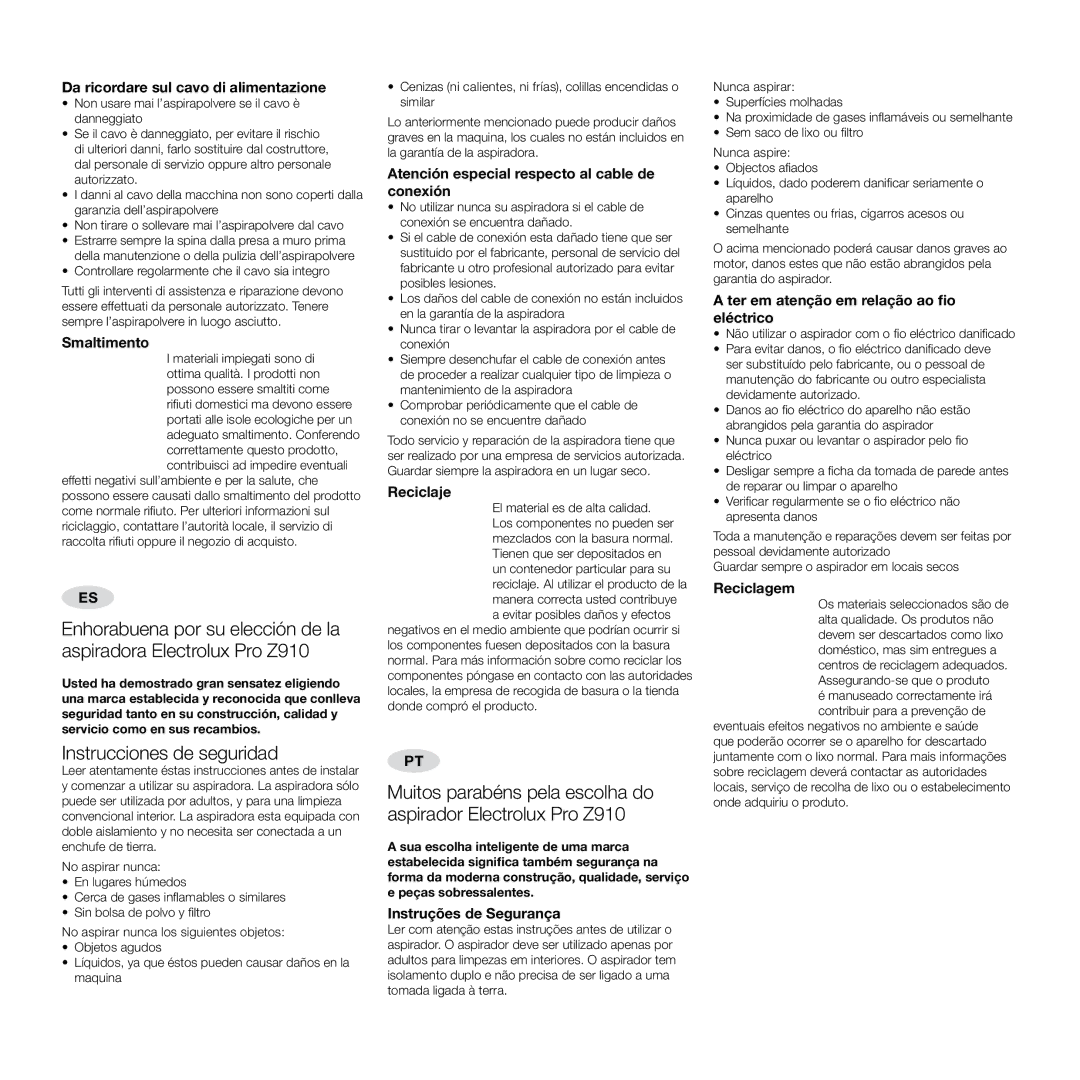 Electrolux Pro Z910 user manual Instrucciones de seguridad 