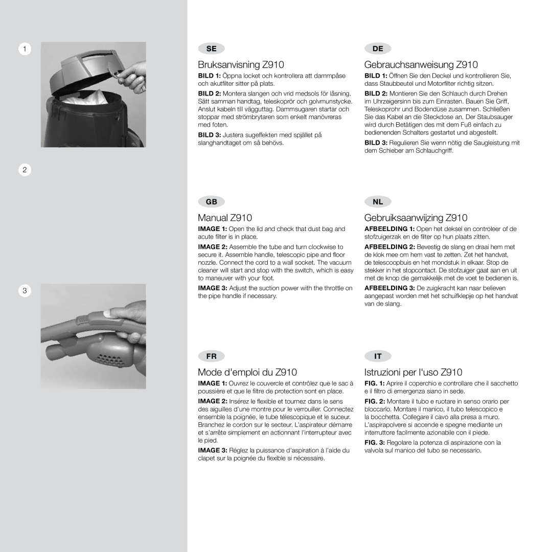 Electrolux Pro Z910 user manual Bruksanvisning Z910, Gebrauchsanweisung Z910, Manual Z910, Gebruiksaanwijzing Z910 