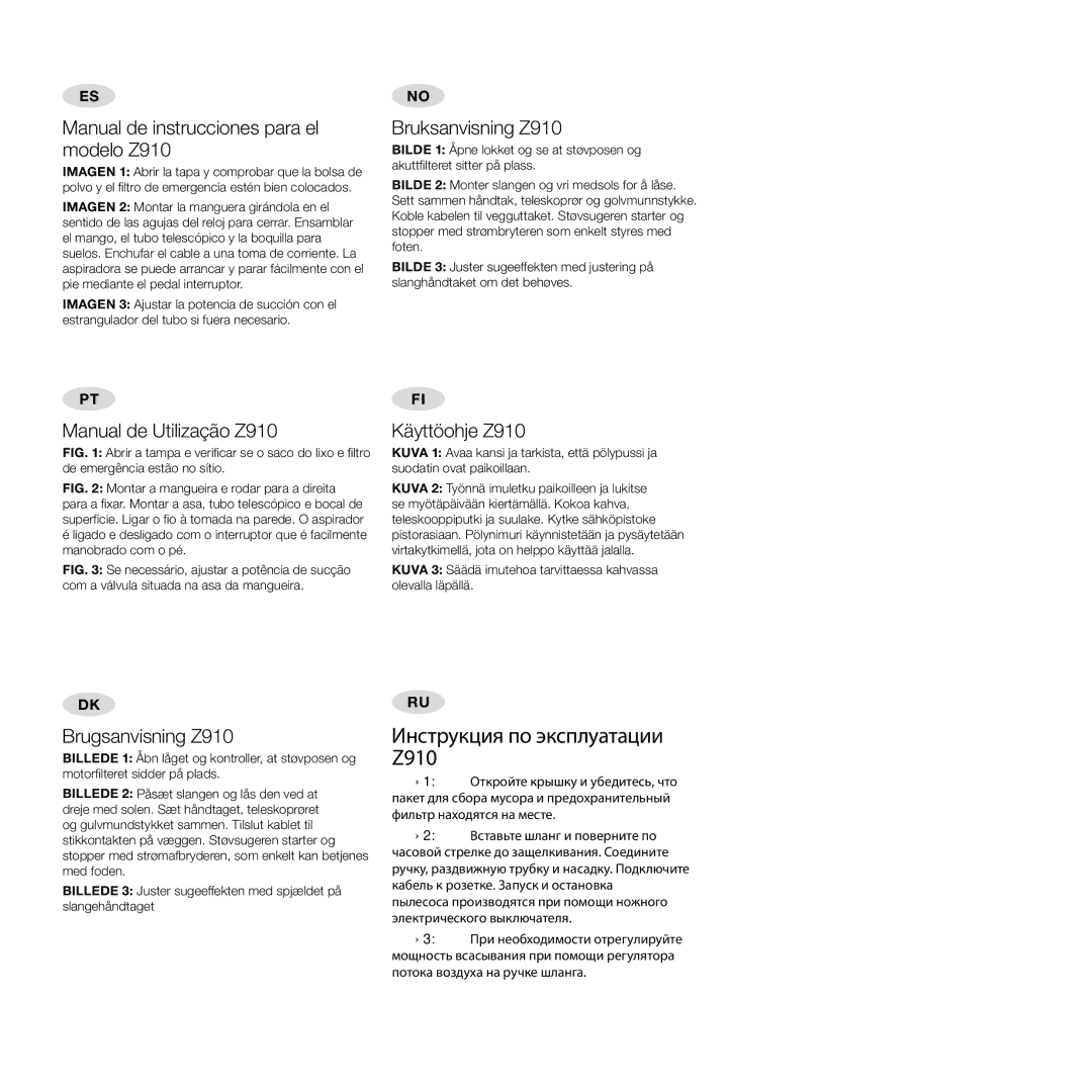 Electrolux Pro Z910 user manual Manual de instrucciones para el modelo Z910, Manual de Utilização Z910, Käyttöohje Z910 