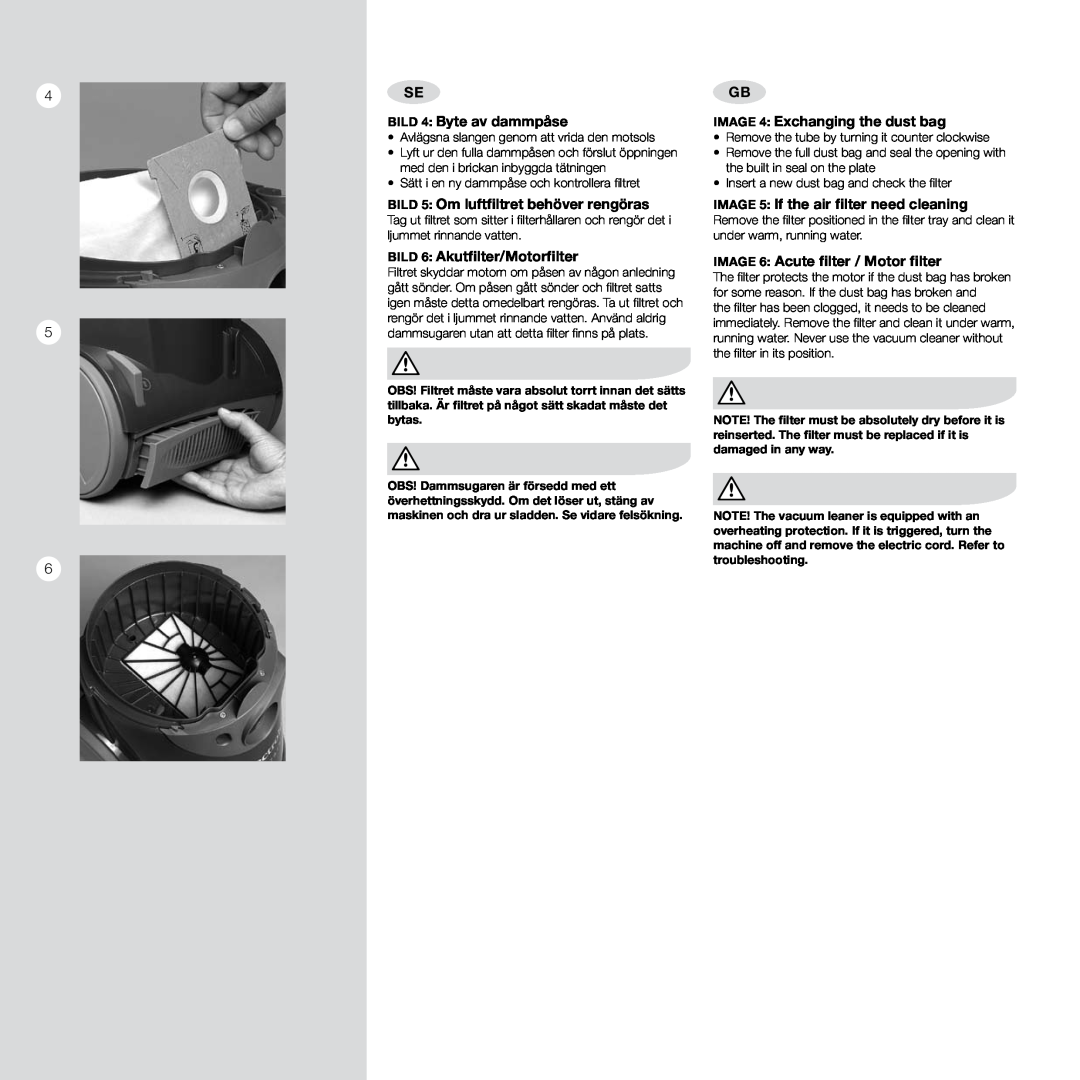 Electrolux Pro Z910 user manual Manual Z950/955, Bild 4 Byte av dammpåse, bild 6 Akutfilter/Motorfilter 