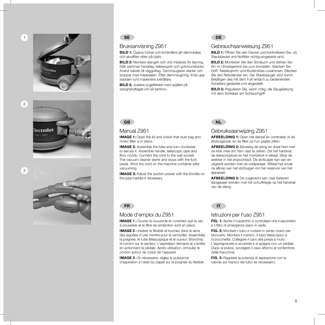 Electrolux Pro Z951 user manual Bruksanvisning Z951, Gebrauchsanweisung Z951, Manual Z951, Gebruiksaanwijzing Z951 