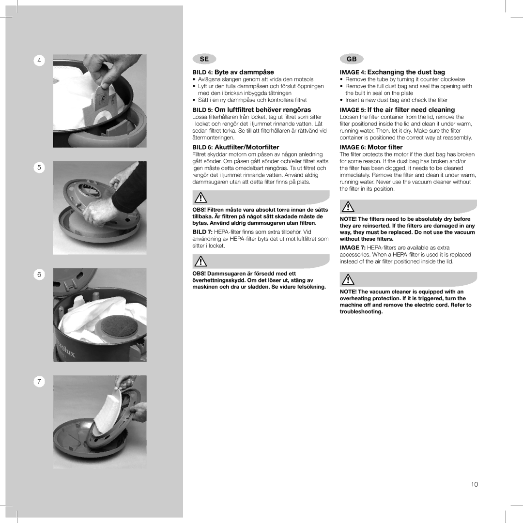 Electrolux Pro Z951 user manual Bild 4 Byte av dammpåse, Bild 6 Akutfilter/Motorfilter, Image 4 Exchanging the dust bag 