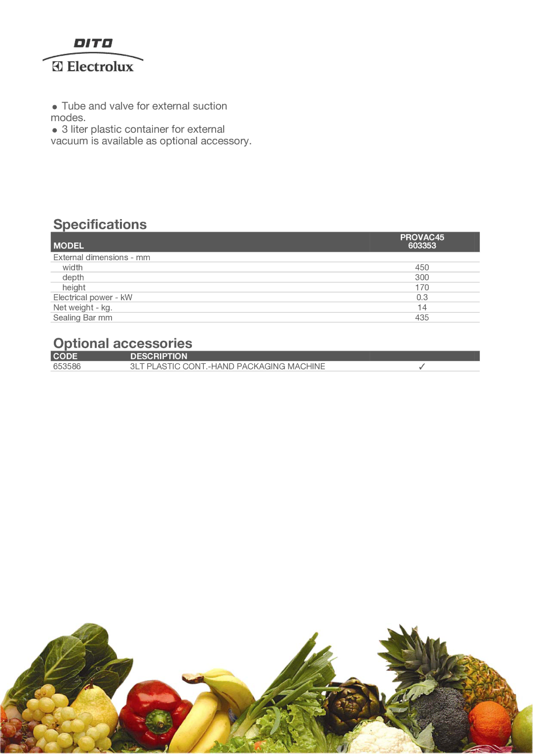 Electrolux PROVAC45, 603353 dimensions Specifications, Optional accessories, Model, Code Description 
