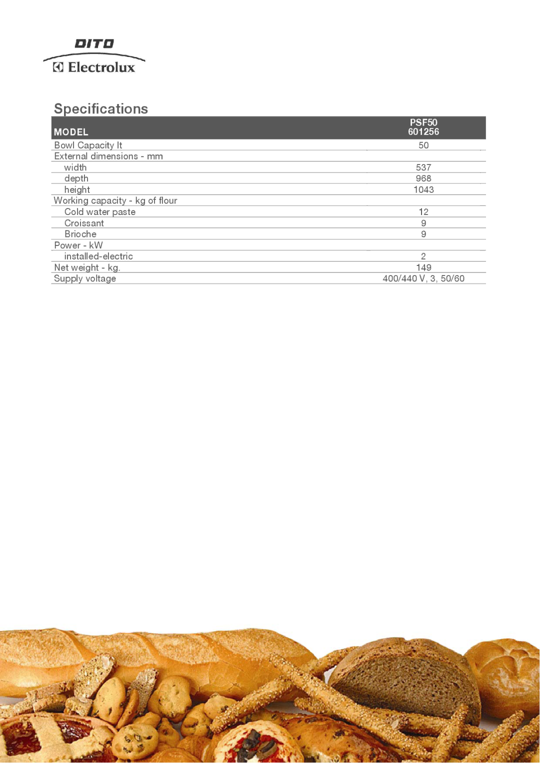 Electrolux PSF50 manual Specifications, Model 