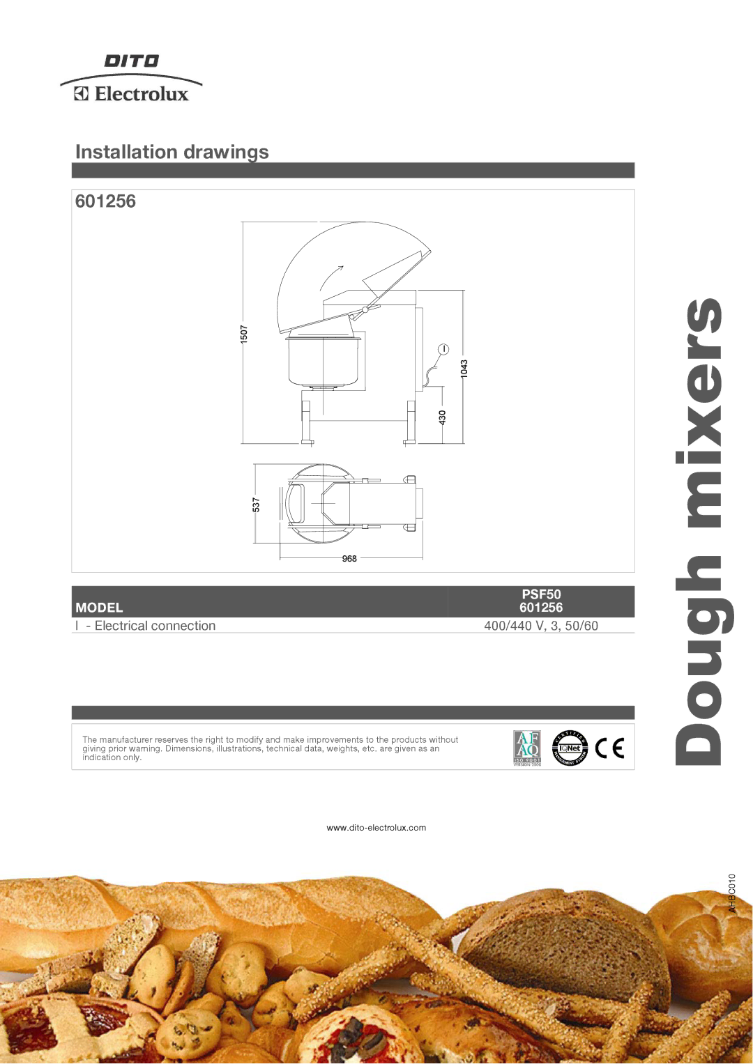 Electrolux PSF50 manual Installation drawings, 601256 