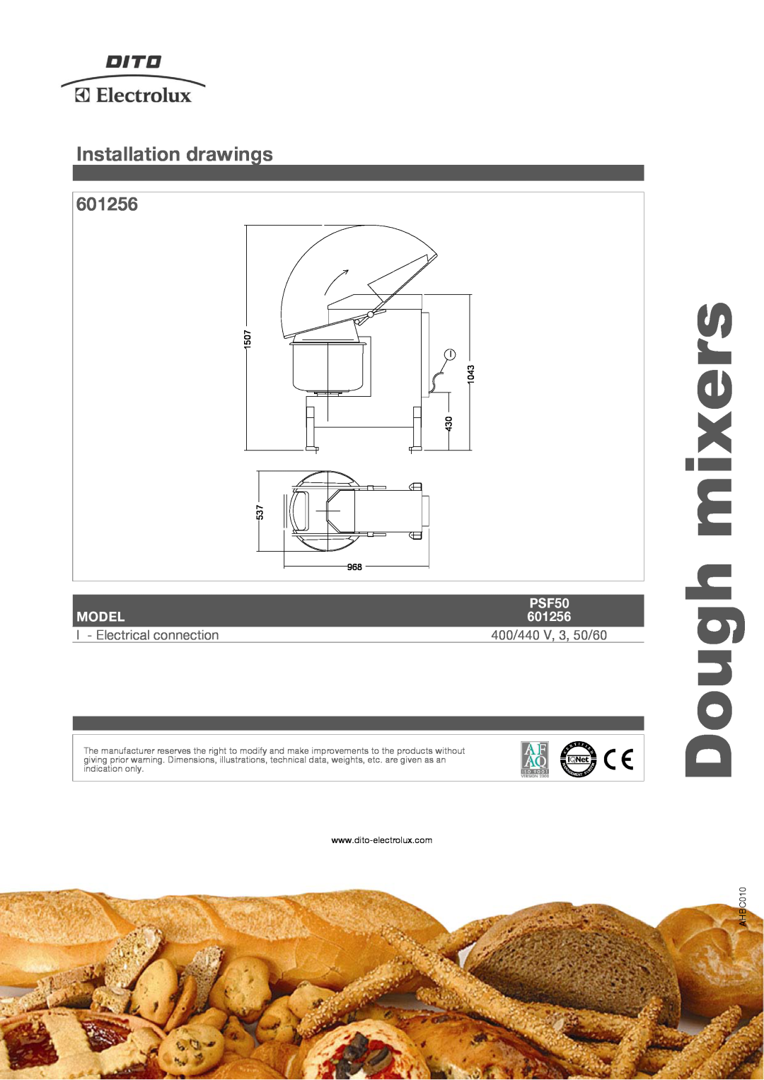 Electrolux PSF50 manual Dough mixers, Installation drawings, 601256, Model, 1507 I 1043 430, AHBC010 
