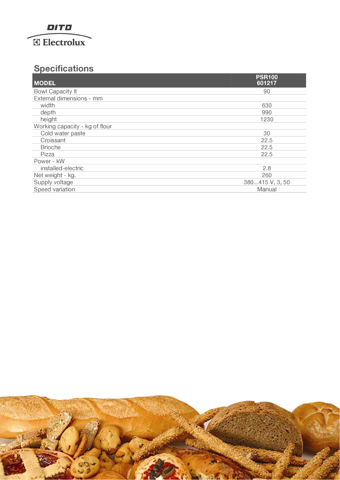 Electrolux 601216, PSR100, 601217 manual Specifications, Model 