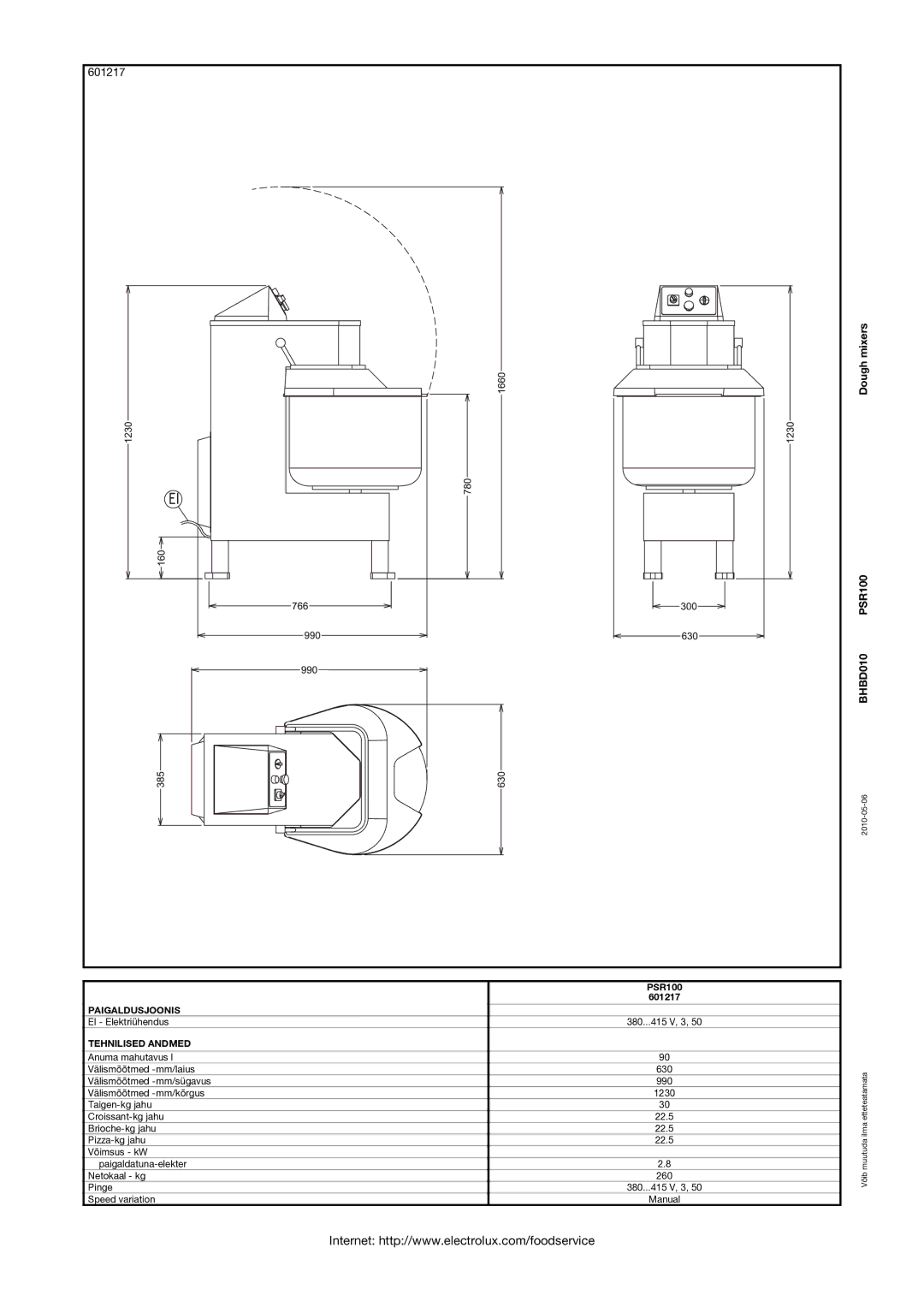 Electrolux manual 601217, Dough mixers BHBD010 PSR100, Paigaldusjoonis, Tehnilised Andmed 