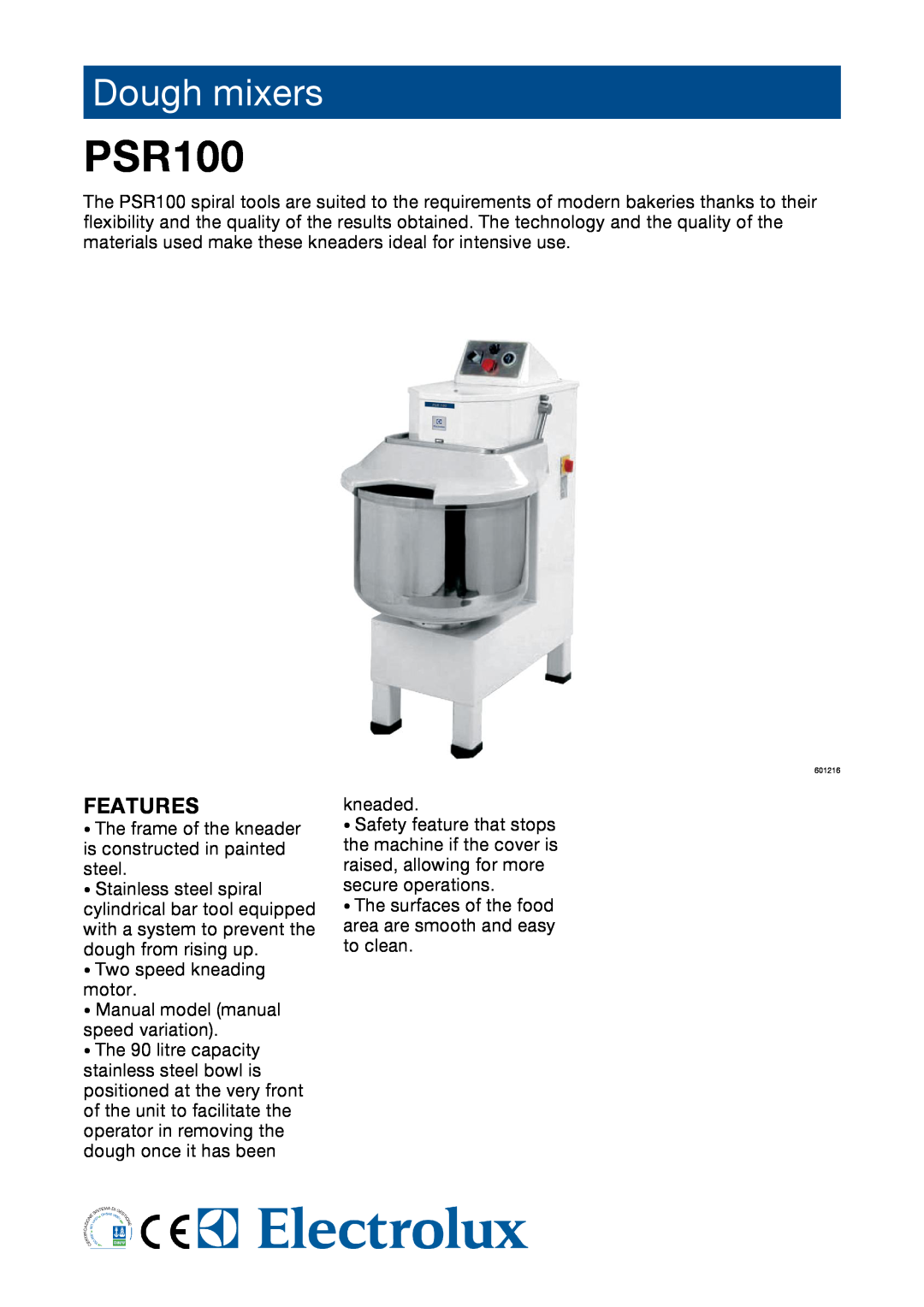 Electrolux PSR100 manual Dough mixers, Features 