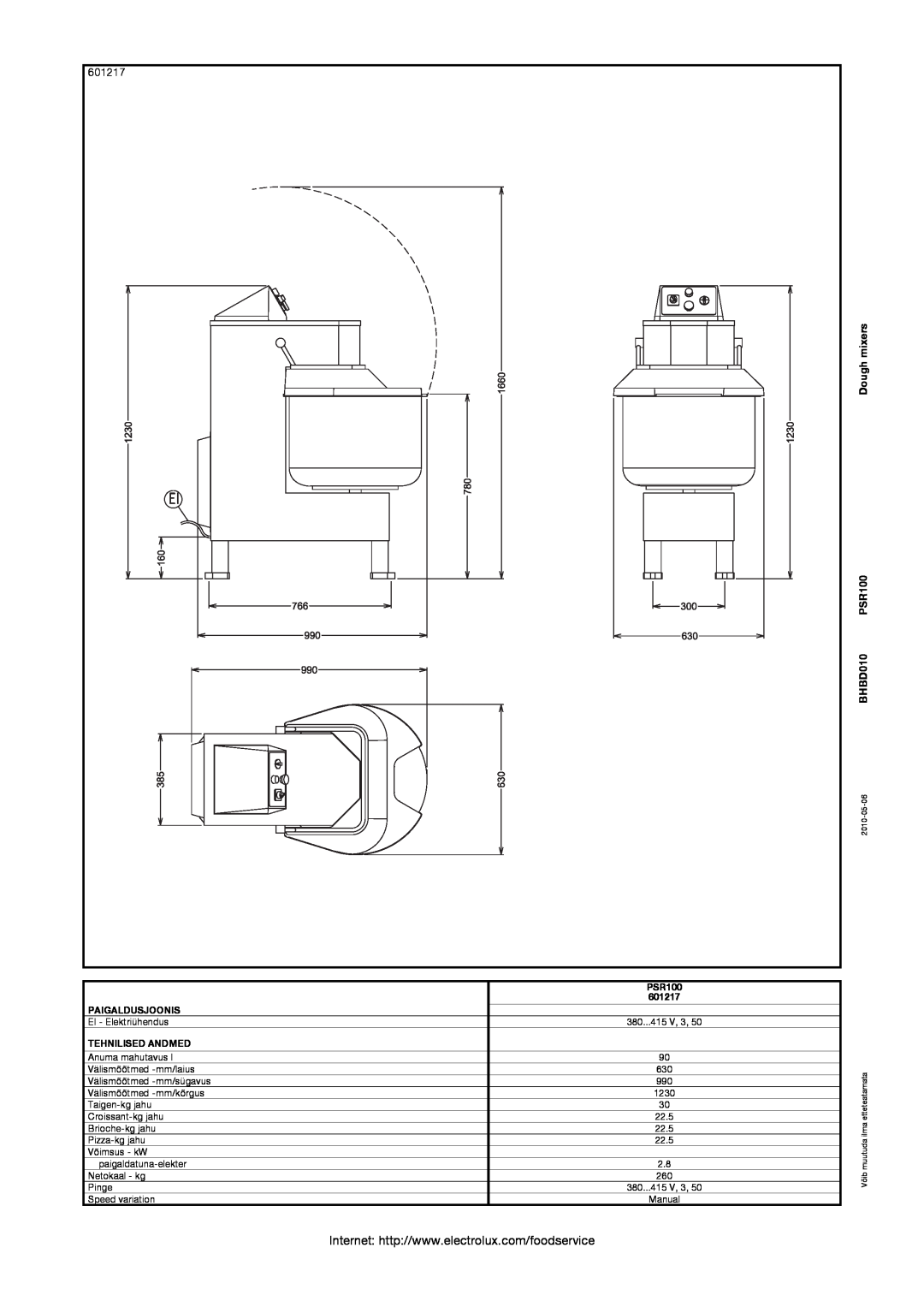Electrolux manual 601217, Dough mixers BHBD010 PSR100, Paigaldusjoonis, Tehnilised Andmed 
