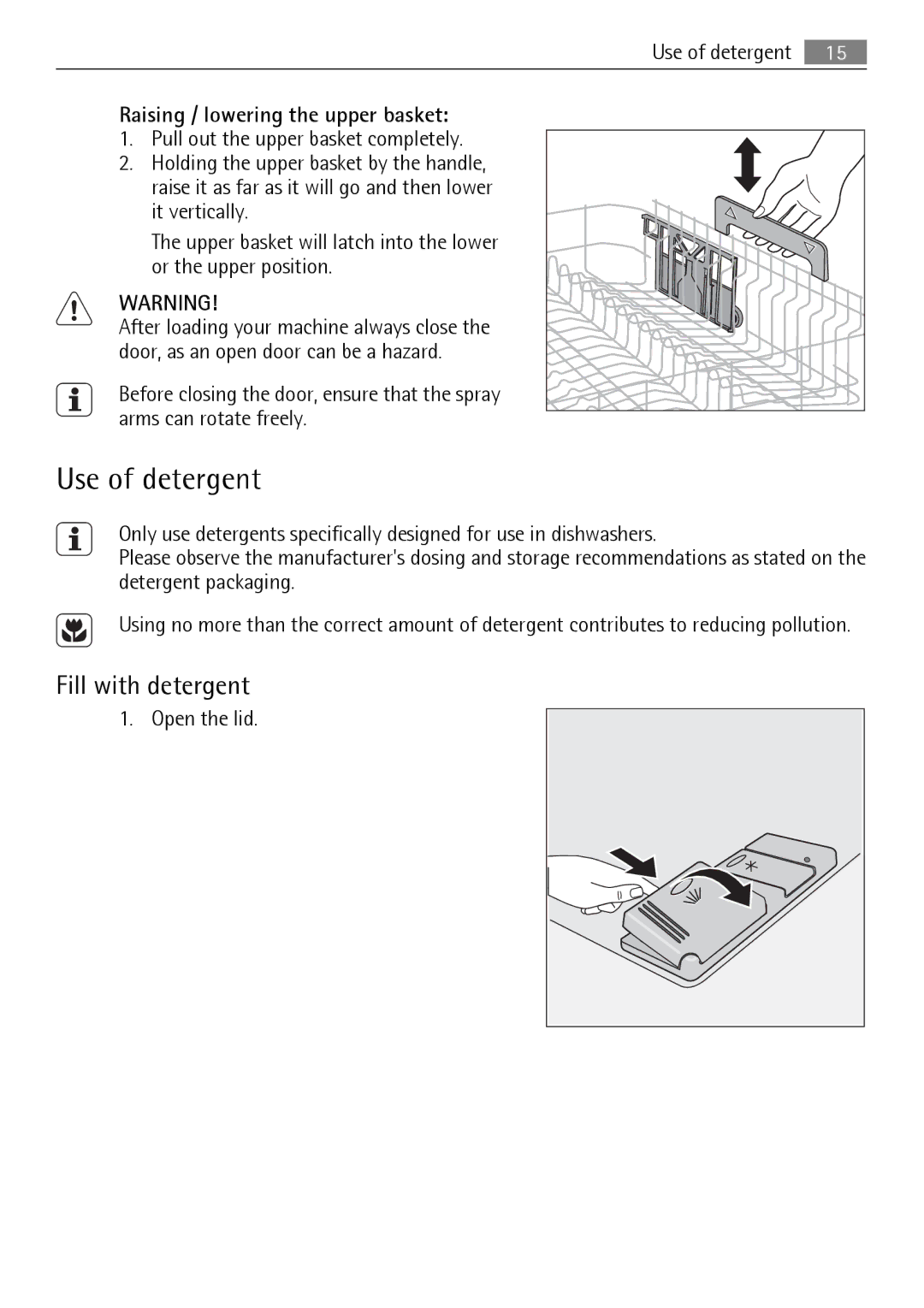 Electrolux QB 5201 user manual Use of detergent, Fill with detergent, Raising / lowering the upper basket 