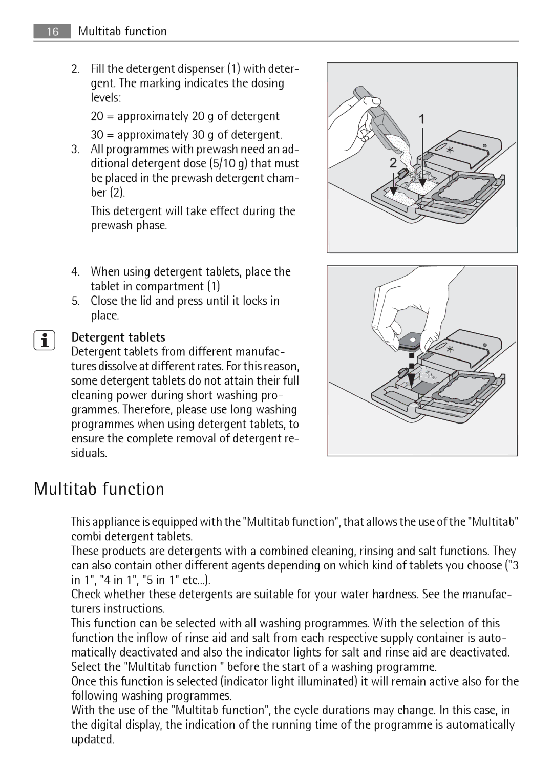 Electrolux QB 5201 user manual Multitab function, Detergent tablets 