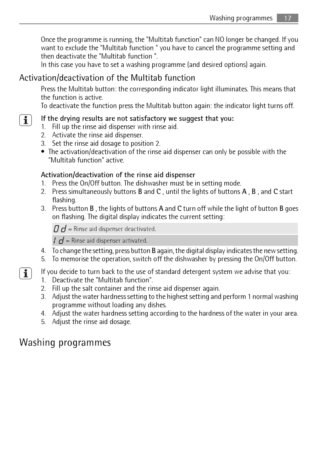 Electrolux QB 5201 Washing programmes, Activation/deactivation of the Multitab function, Adjust the rinse aid dosage 