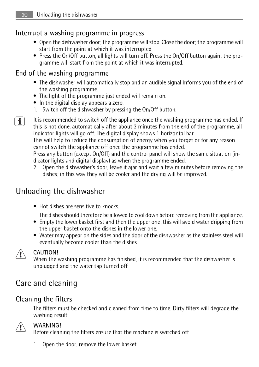 Electrolux QB 5201 user manual Unloading the dishwasher, Care and cleaning, Interrupt a washing programme in progress 