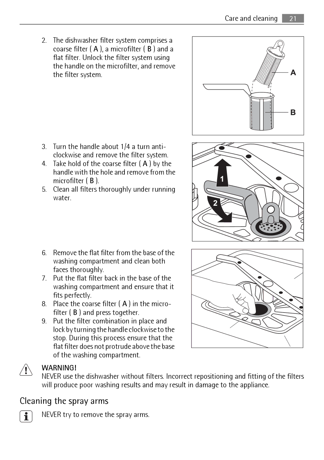 Electrolux QB 5201 user manual Cleaning the spray arms, Care and cleaning, Never try to remove the spray arms 