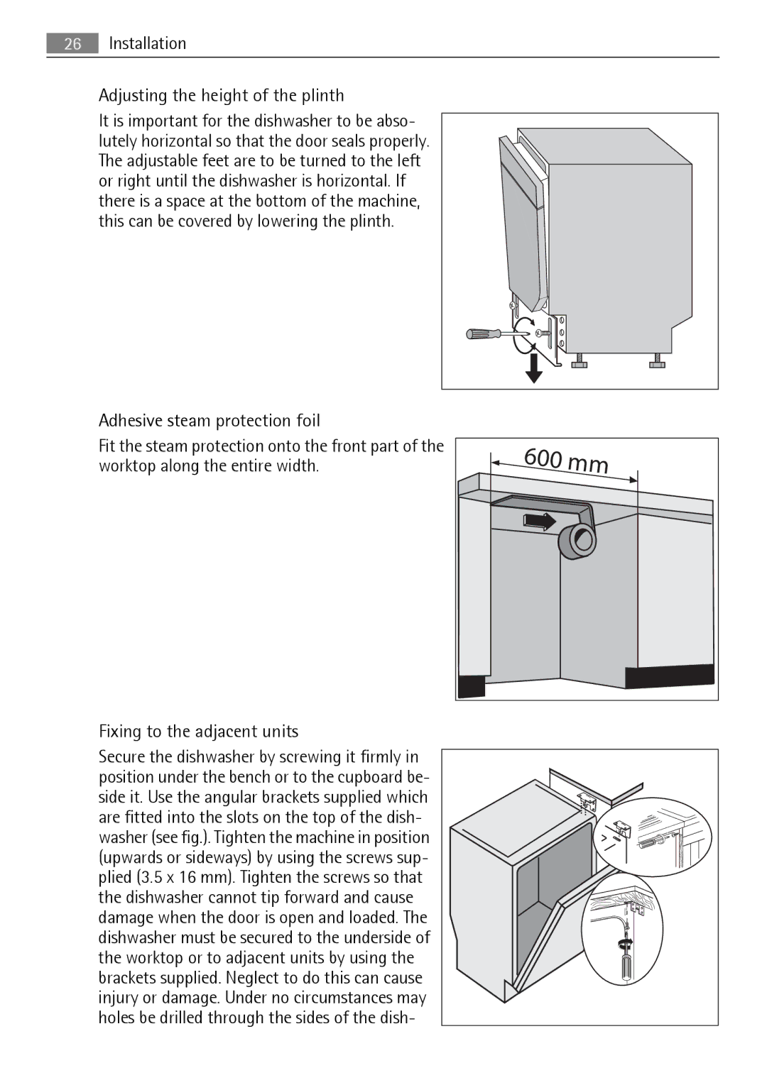 Electrolux QB 5201 user manual Installation Adjusting the height of the plinth 