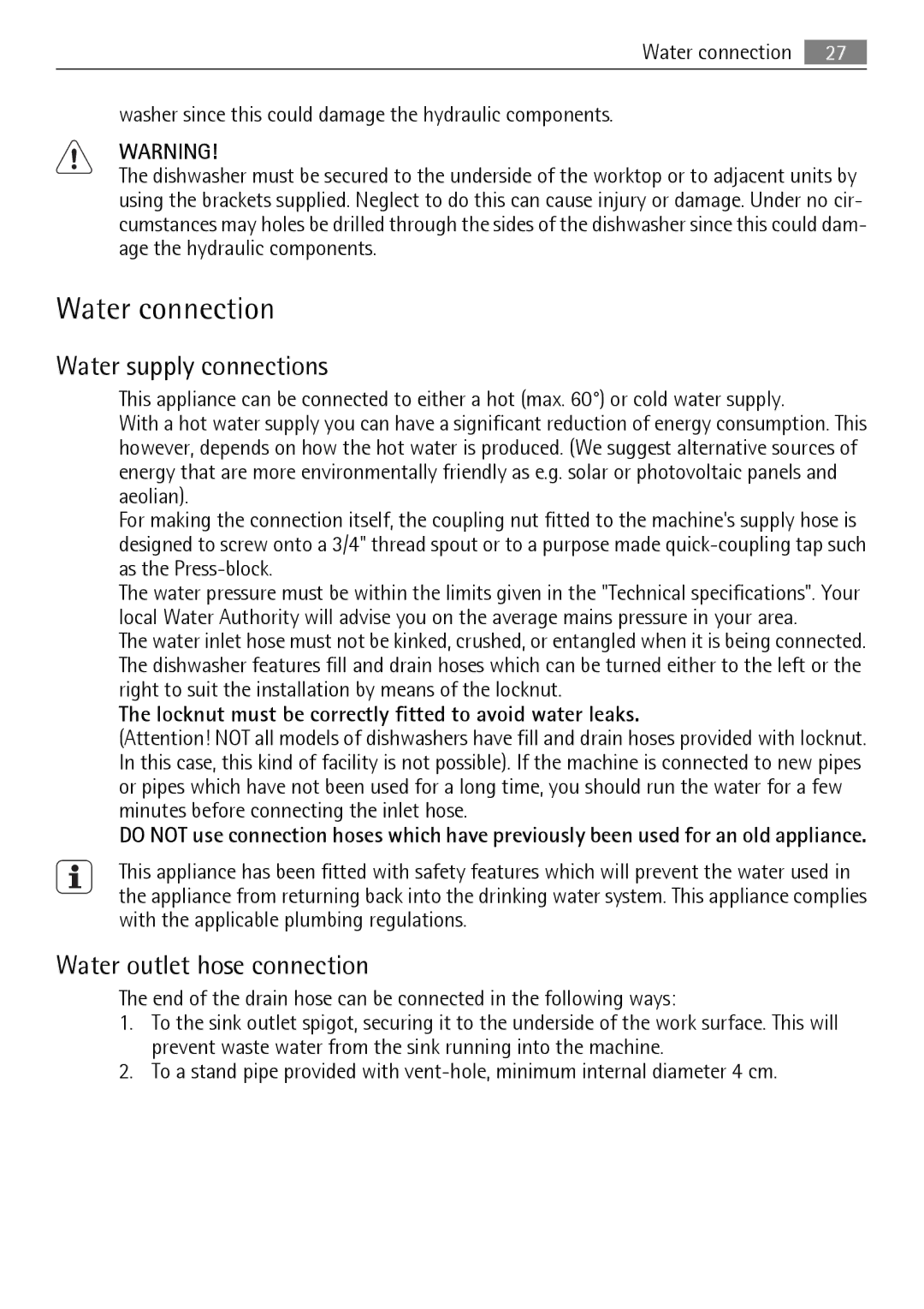 Electrolux QB 5201 user manual Water connection, Water supply connections, Water outlet hose connection 