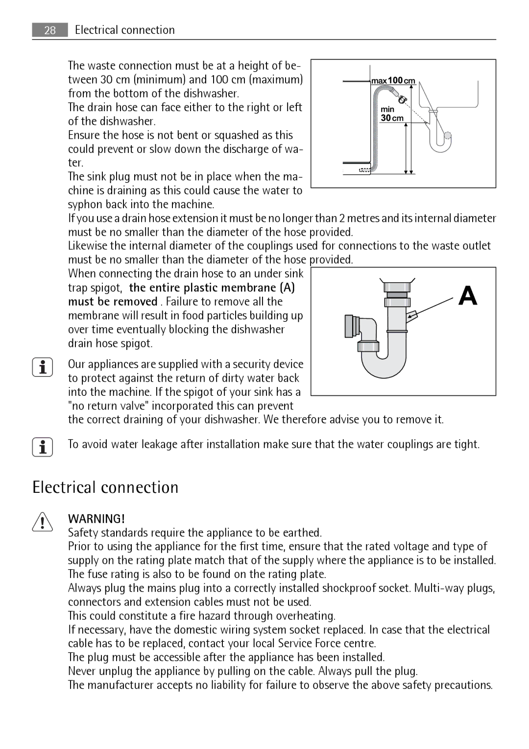 Electrolux QB 5201 user manual Electrical connection, Drain hose spigot 