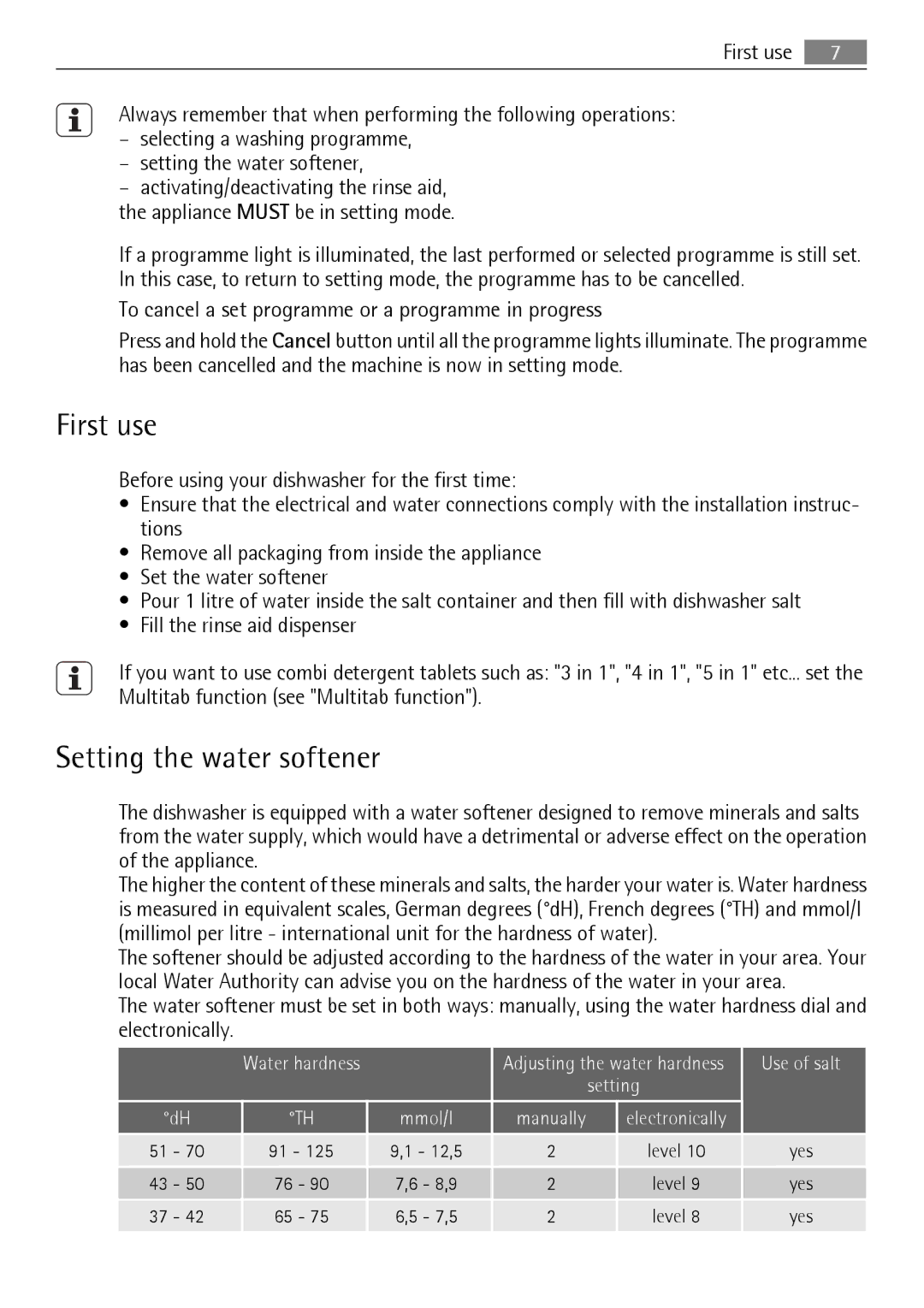 Electrolux QB 5201 user manual First use, Setting the water softener 