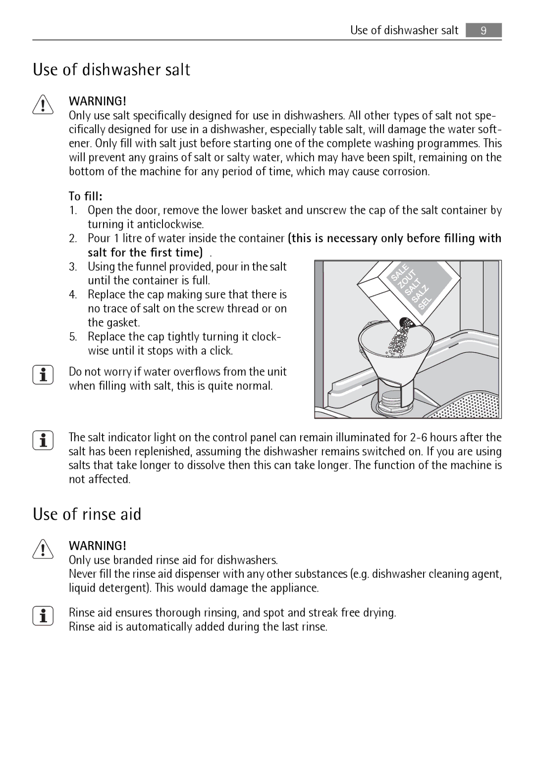 Electrolux QB 5201 user manual Use of dishwasher salt, Use of rinse aid, To fill, Salt for the first time 