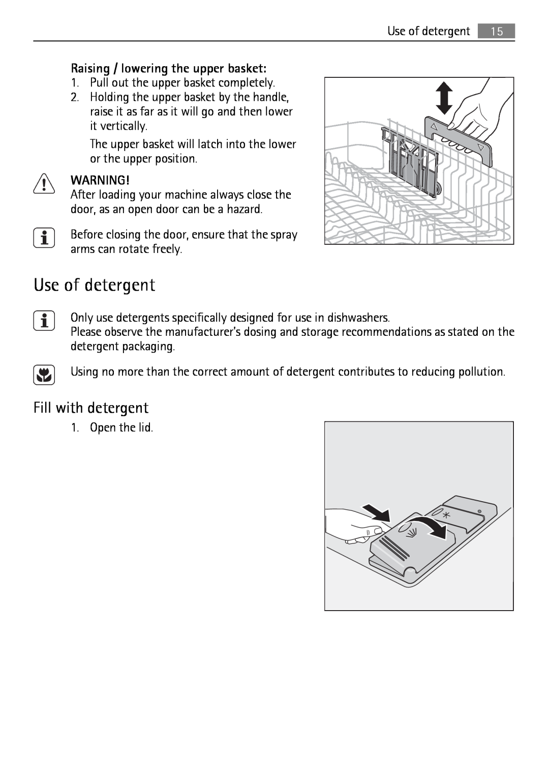 Electrolux QB 5201 user manual Use of detergent, Fill with detergent, Raising / lowering the upper basket 