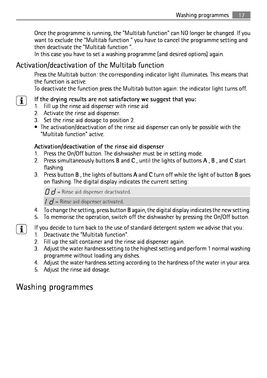 Electrolux QB 5201 user manual Washing programmes, Activation/deactivation of the Multitab function 