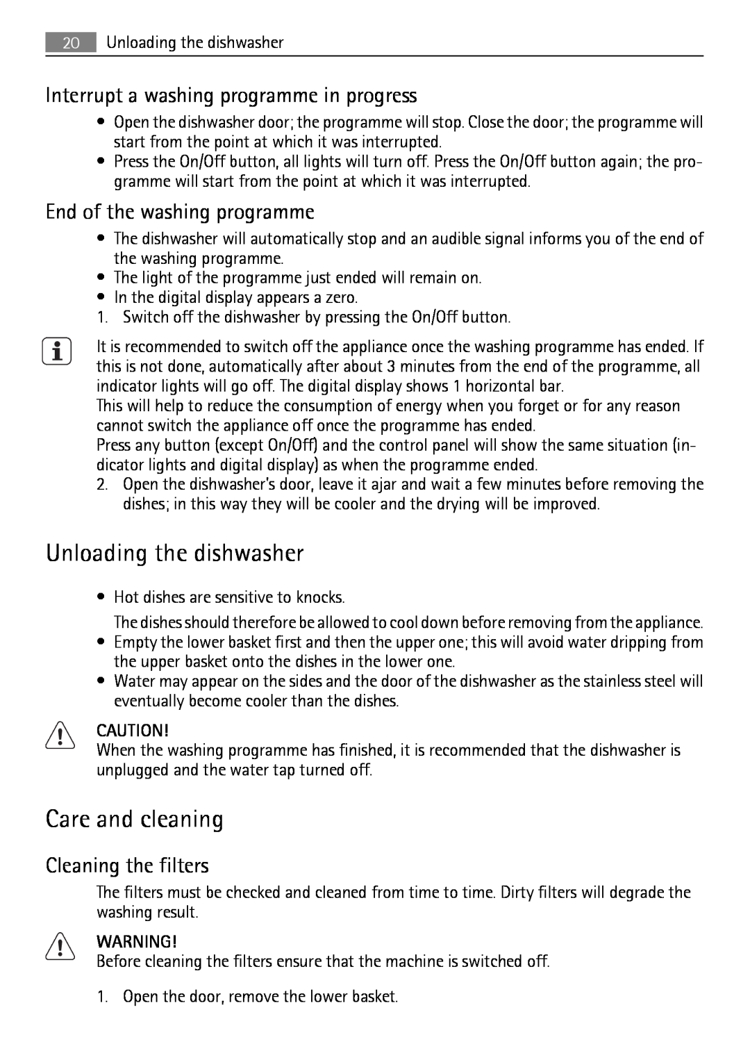 Electrolux QB 5201 user manual Unloading the dishwasher, Care and cleaning, Interrupt a washing programme in progress 