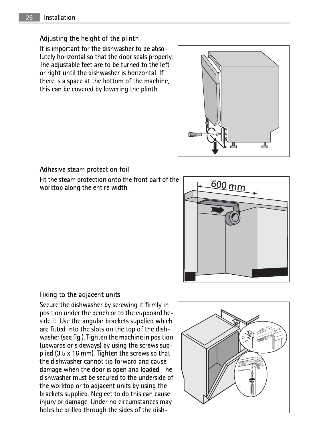 Electrolux QB 5201 user manual Installation, Adjusting the height of the plinth, Adhesive steam protection foil 