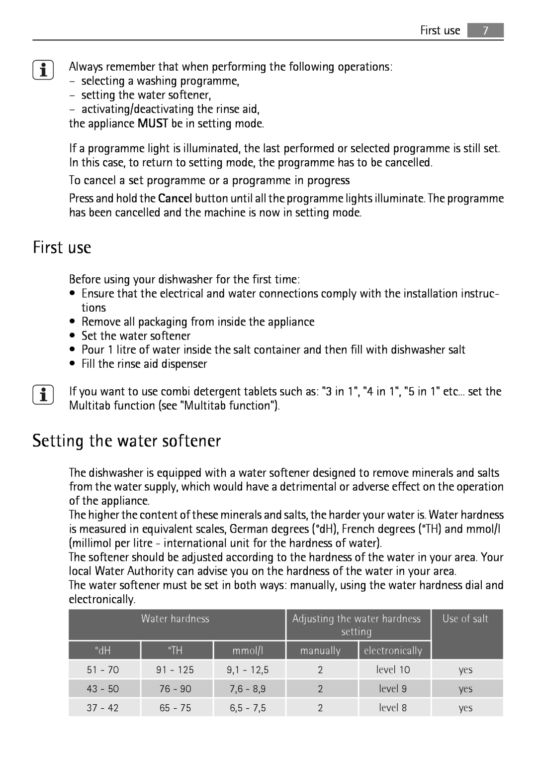 Electrolux QB 5201 user manual First use, Setting the water softener 