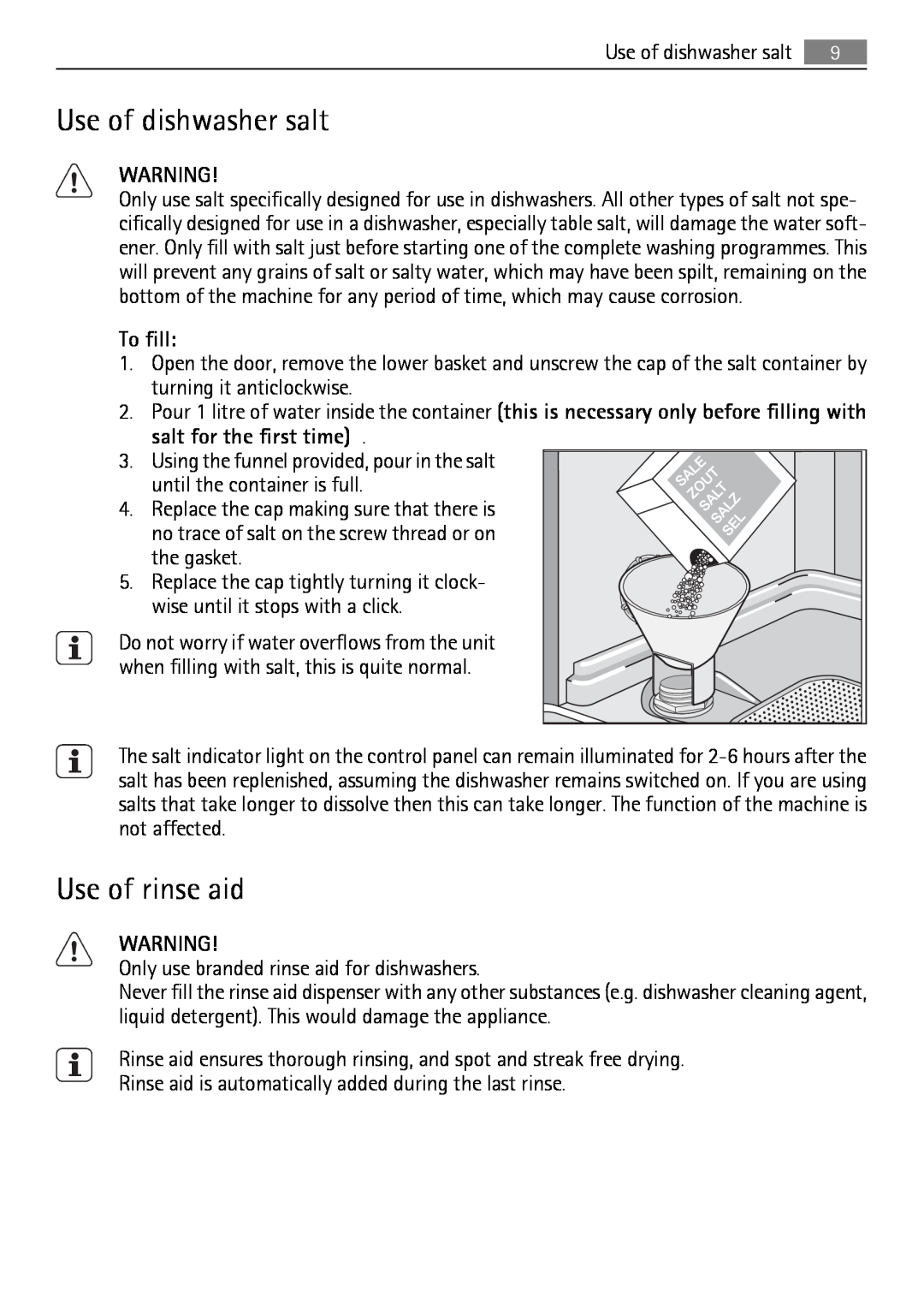 Electrolux QB 5201 user manual Use of dishwasher salt, Use of rinse aid, To fill, salt for the first time 