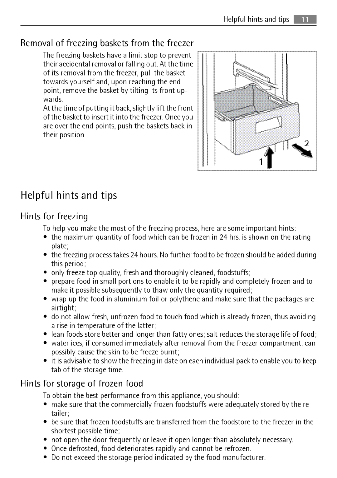 Electrolux QT3619K, QT3549W Helpful hints and tips, Removal of freezing baskets from the freezer, Hints for freezing 