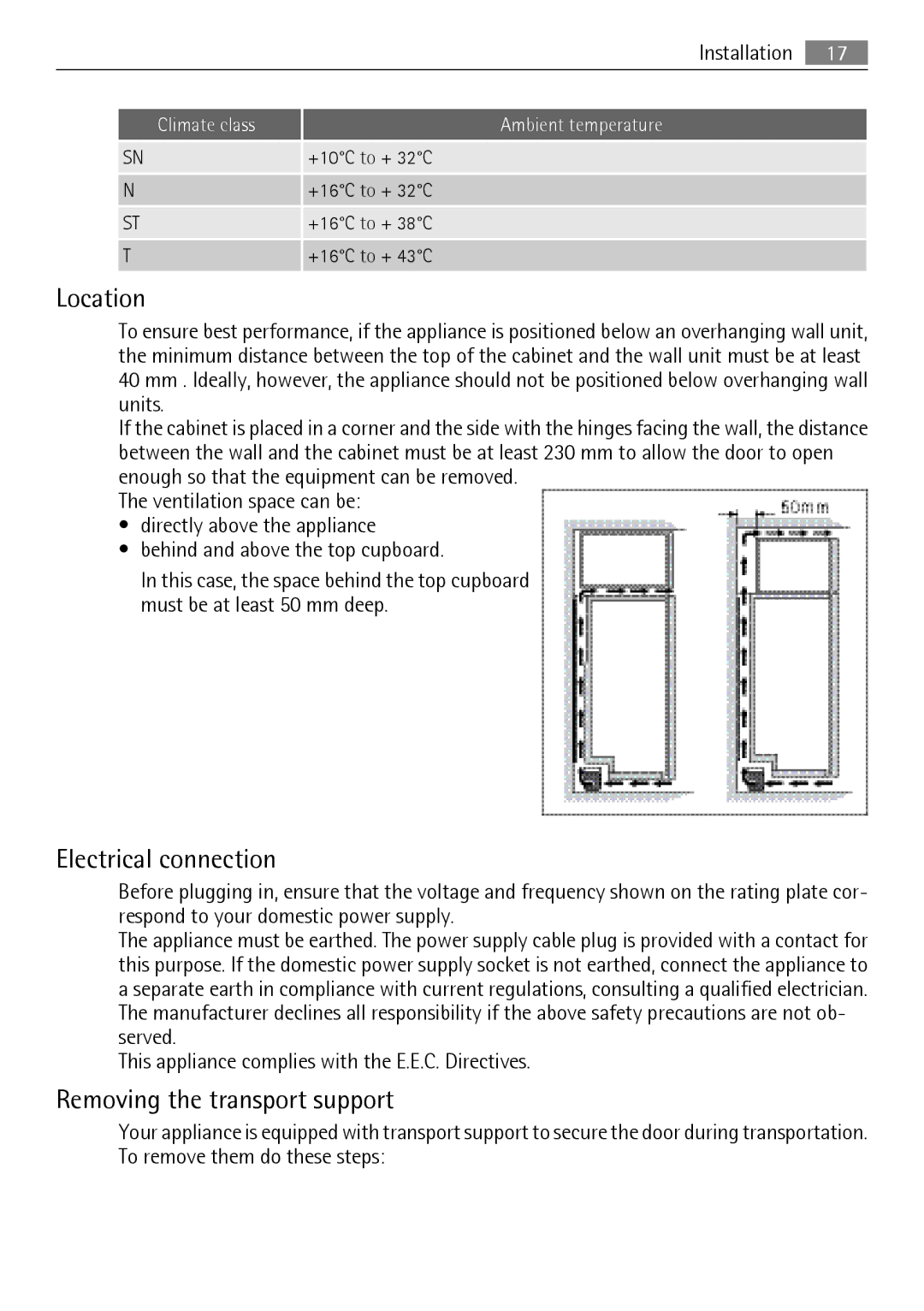 Electrolux QT3619FX, QT3549W, QT3619K, QT3549FX, QT3549K Location, Electrical connection, Removing the transport support 