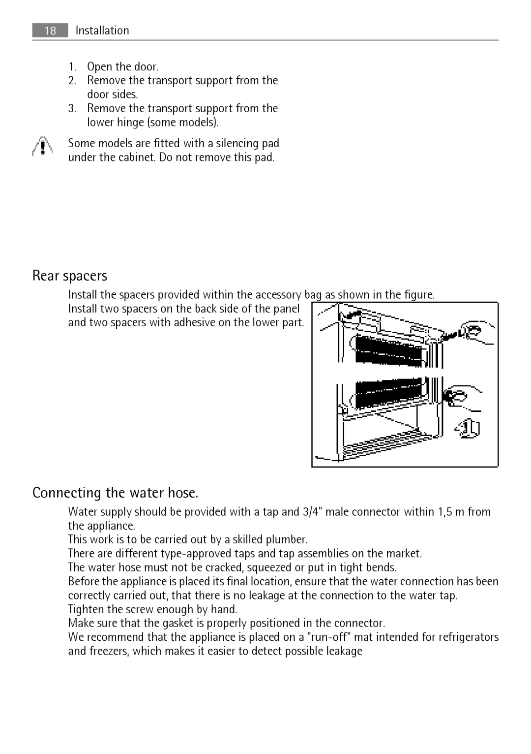 Electrolux QT3549FX, QT3549W, QT3619K, QT3619FX, QT3549K user manual Rear spacers, Connecting the water hose 