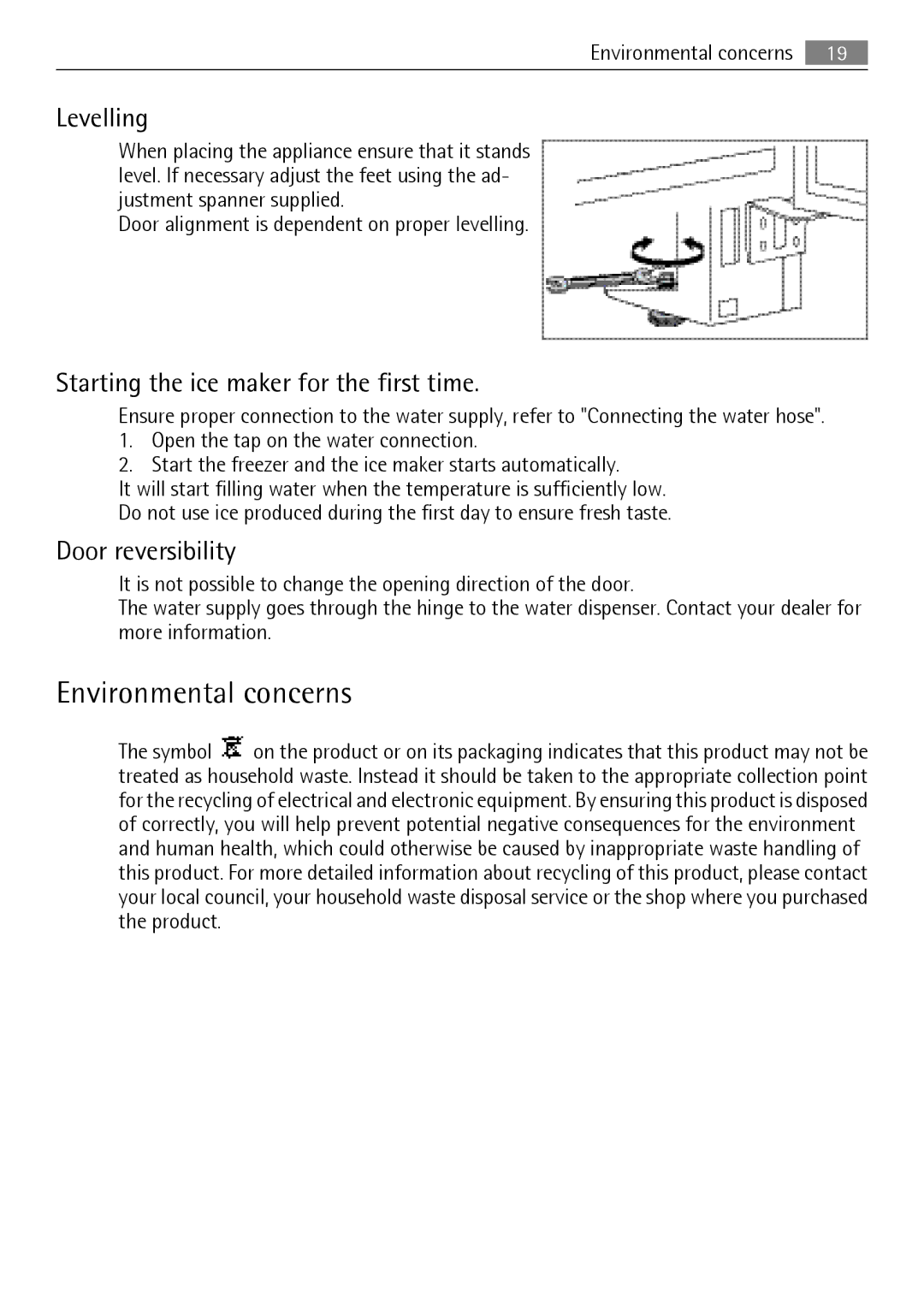 Electrolux QT3549K Environmental concerns, Levelling, Starting the ice maker for the first time, Door reversibility 