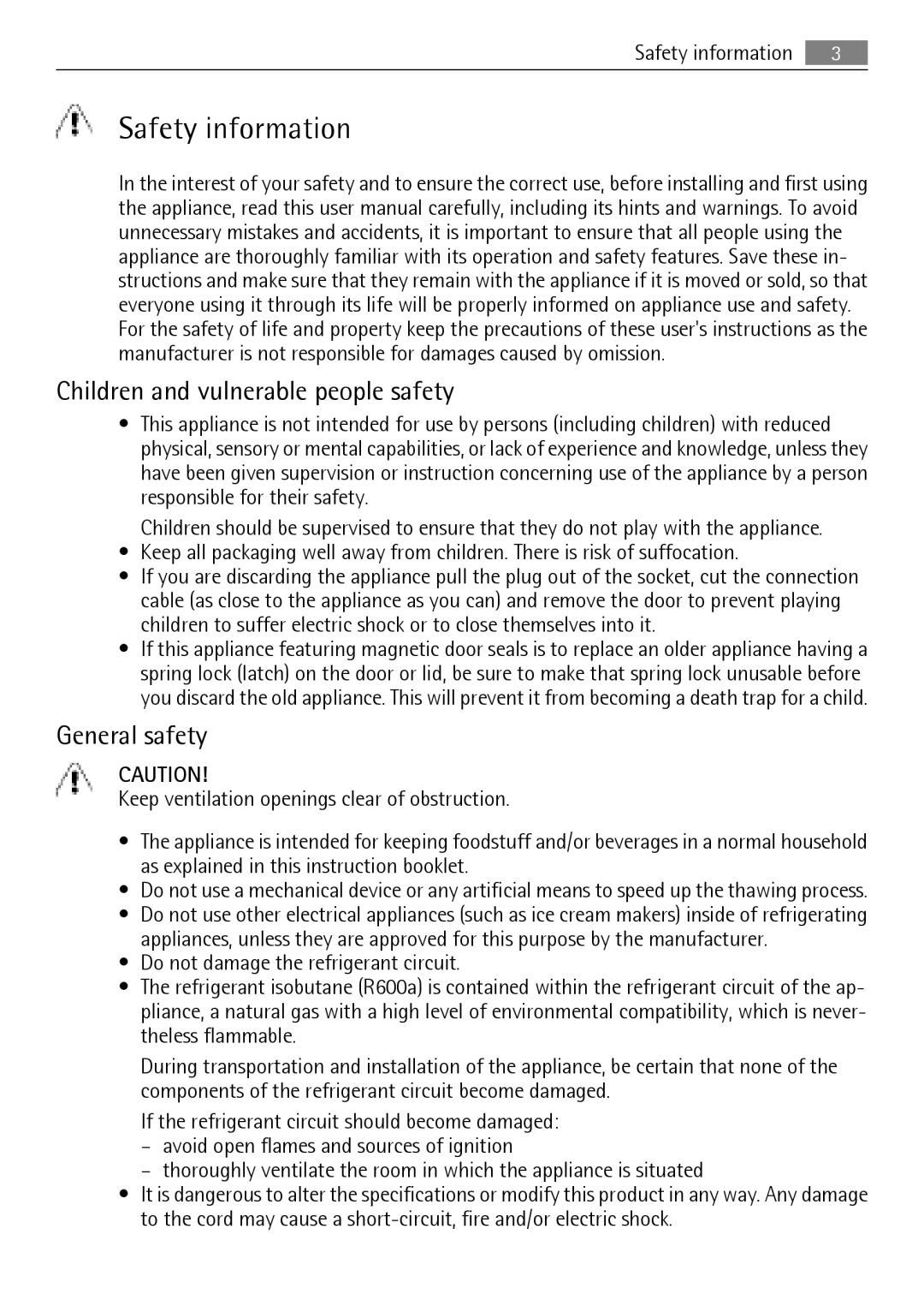 Electrolux QT3549FX, QT3549W, QT3619K, QT3619FX Safety information, Children and vulnerable people safety, General safety 