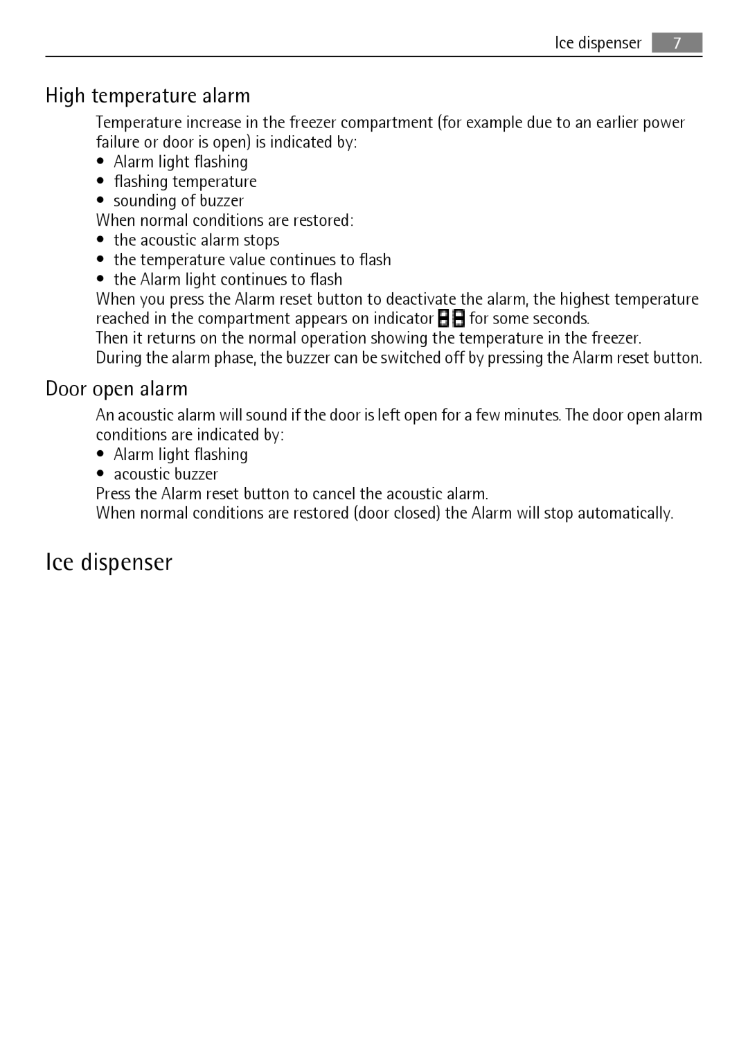 Electrolux QT3619FX, QT3549W, QT3619K, QT3549FX, QT3549K user manual Ice dispenser, High temperature alarm, Door open alarm 