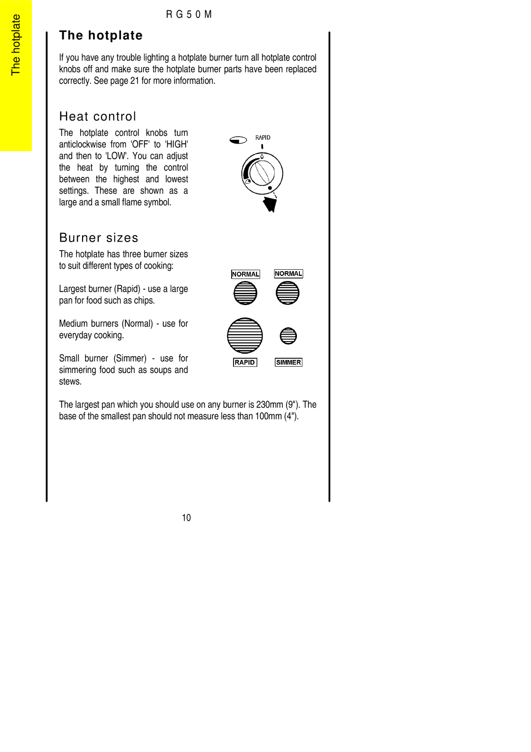 Electrolux R G 5 0 M installation instructions Hotplate, Burner sizes 