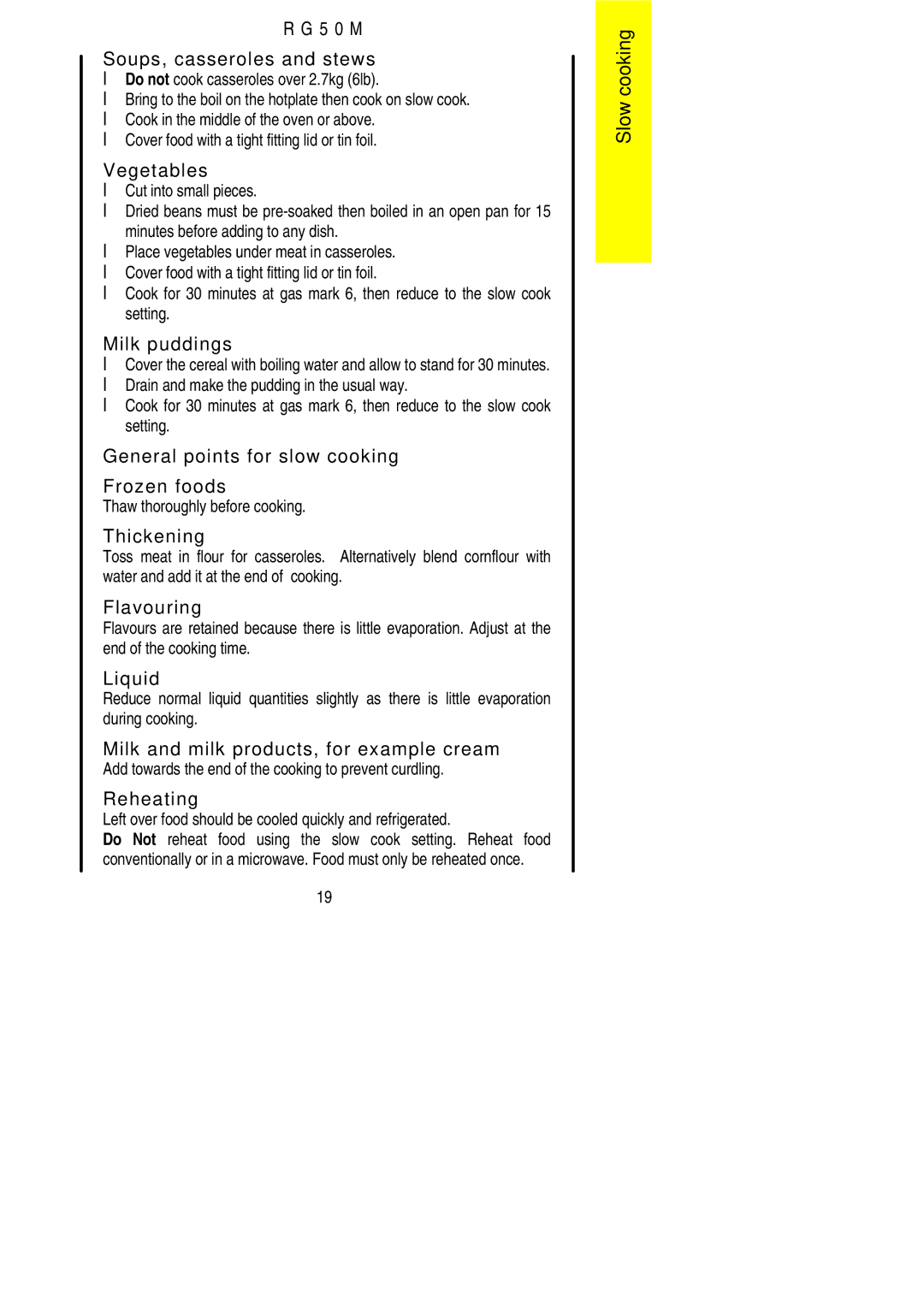 Electrolux R G 5 0 M Do not cook casseroles over 2.7kg 6lb, Cover food with a tight fitting lid or tin foil 