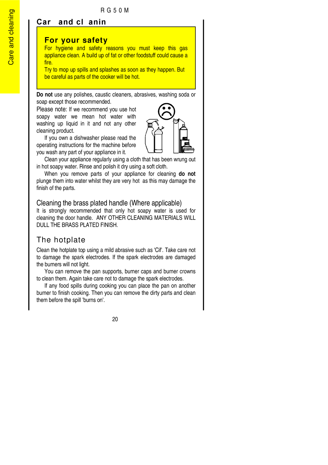 Electrolux R G 5 0 M installation instructions For your safety, Cleaning the brass plated handle Where applicable 