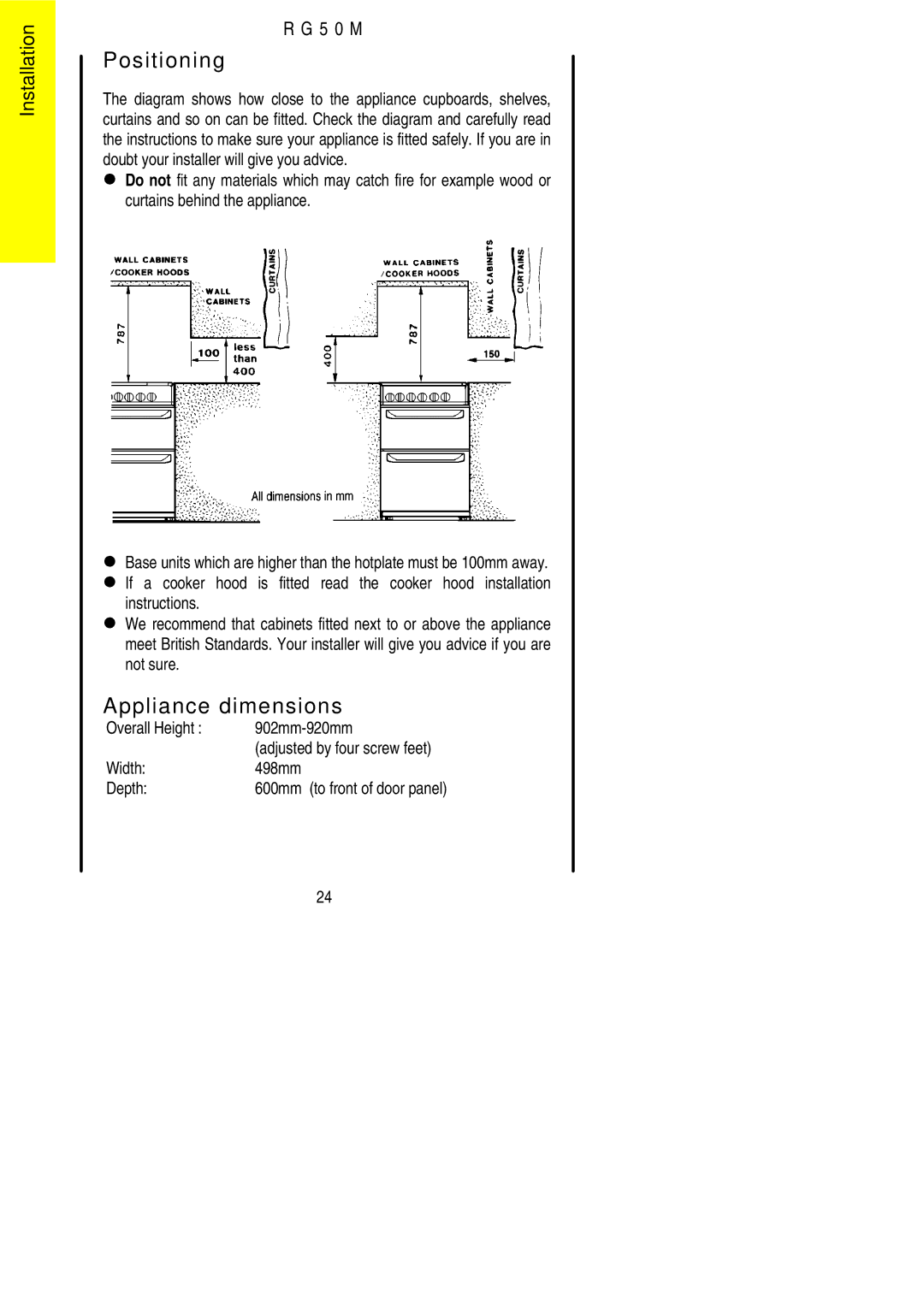 Electrolux R G 5 0 M Positioning, Appliance dimensions, Overall Height 902mm-920mm, Width 498mm Depth 