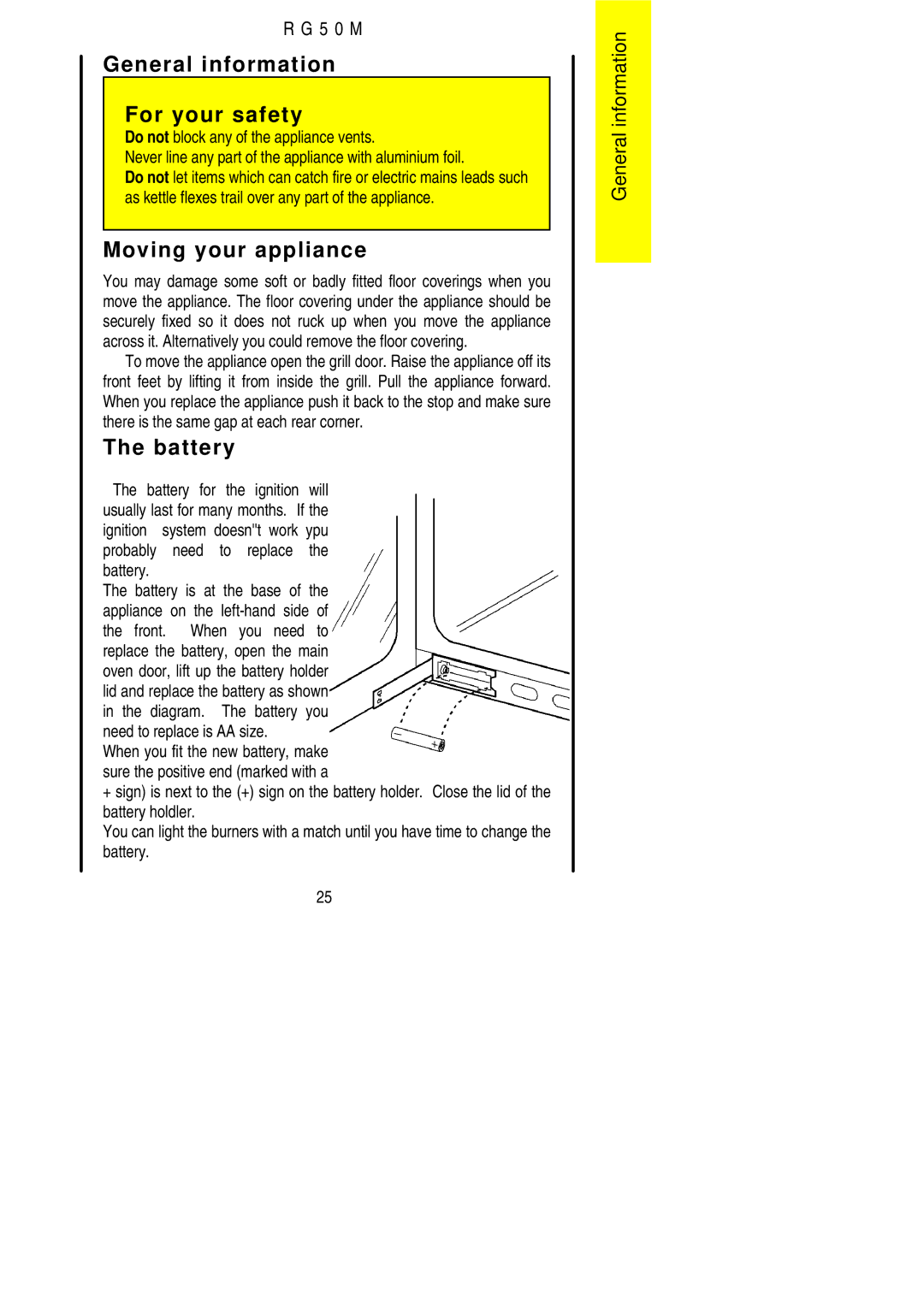 Electrolux R G 5 0 M installation instructions General information For your safety, Moving your appliance, Battery 