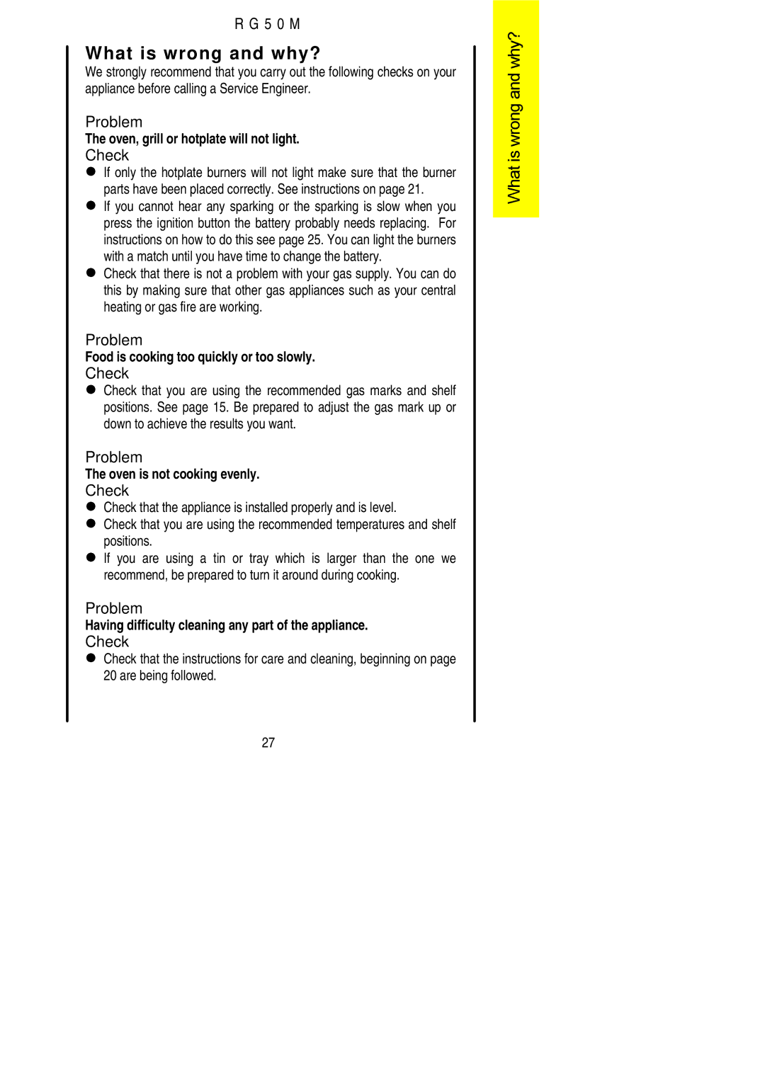 Electrolux R G 5 0 M installation instructions What is wrong and why?, Check 