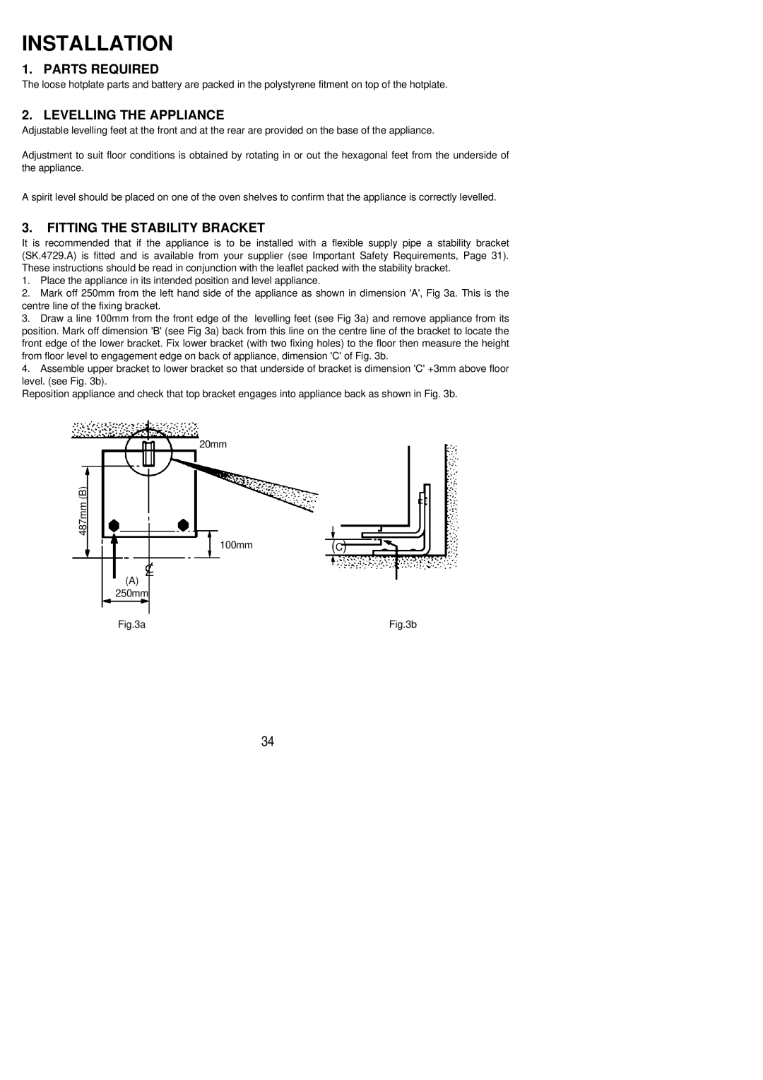 Electrolux R G 5 0 M installation instructions Parts Required, Levelling the Appliance, Fitting the Stability Bracket 